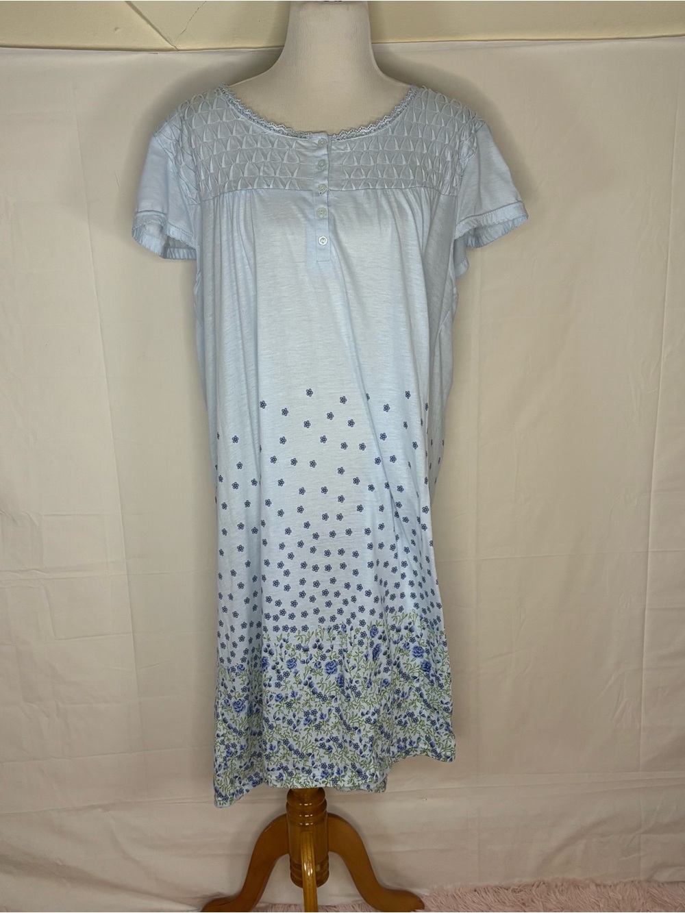 Women's Light Blue Floral Border Short Sleeve Nightgown